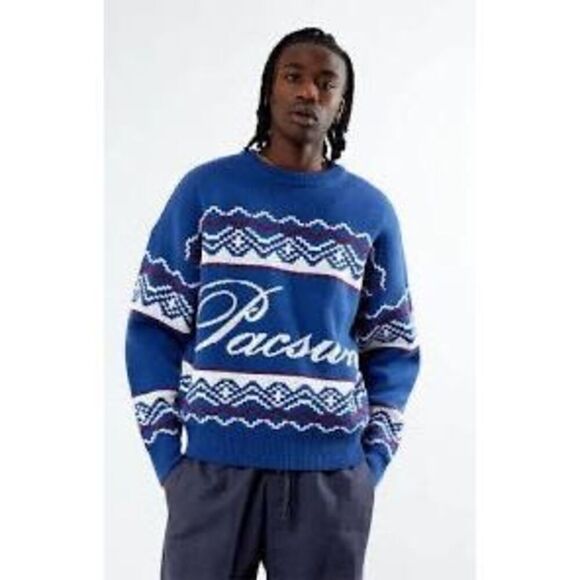 PacSun Fairisle Crew Sweater Large Chunky Nordic Ski Blue Heavyweight Large - Picture 2 of 14